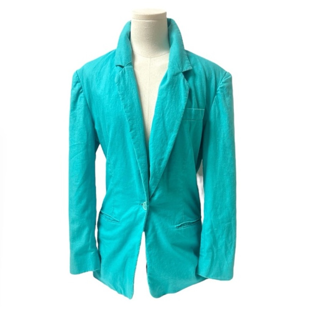 Vintage SAVANNAH Women's Size 10 Blazer Linen Blend Aqua Lined w/ shoulder pads